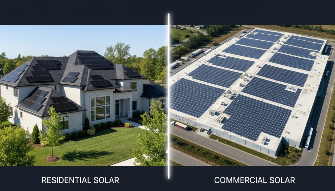 Residential and commercial solar rooftop comparison showing how commercial PV modules serve larger business energy projects
